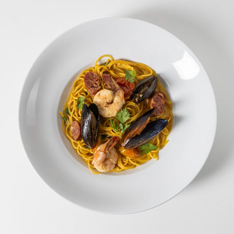 Shellfish, Chorizo, & Saffron Spaghettini