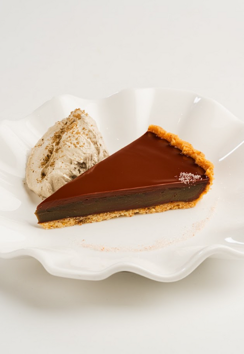 Hojicha and 64% Dark Chocolate Tart with Hojicha Whipped Cream and Himalayan Pink Salt